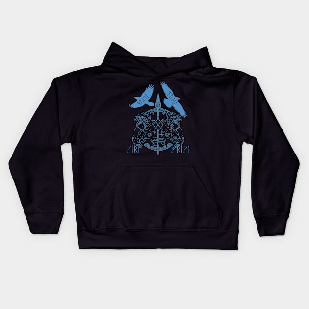 Odin Spear Viking Wolf Raven Gungnir Runes Blue Kids Hoodie by Blue Pagan